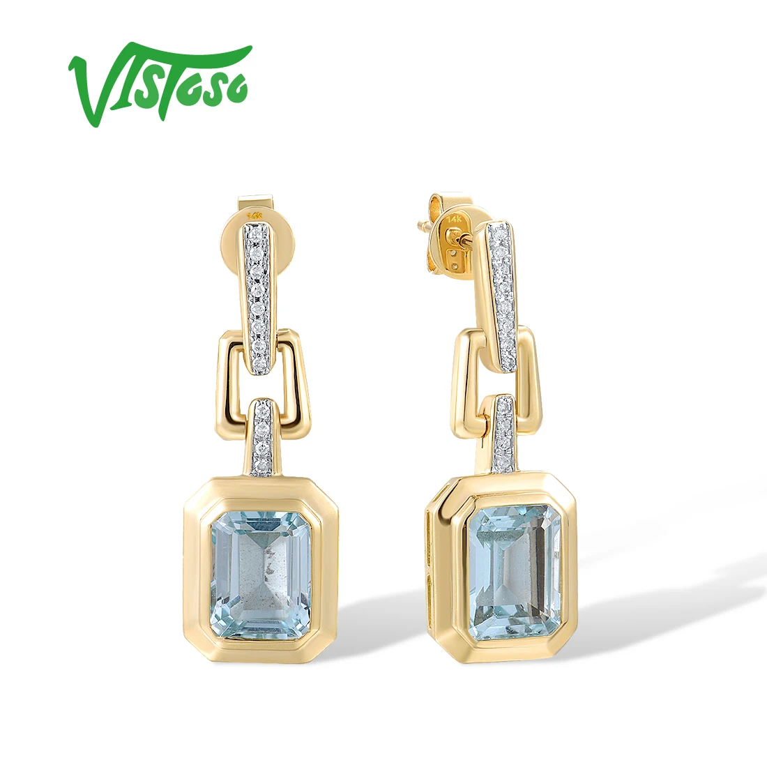 VISTOSO Pure 14K 585 Yellow Gold Stud Earrings For Women Sparkling Diamonds Sky Blue Topaz Dangling Square Delicate Fine Jewelry