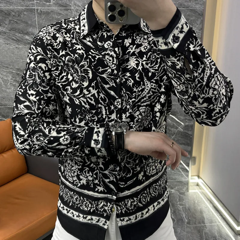 Trendy Printed Fashionable Long Sleeved New Shirt Men Personalized Korean Designer Shirt European Slim Fit Casual Retro Shirt