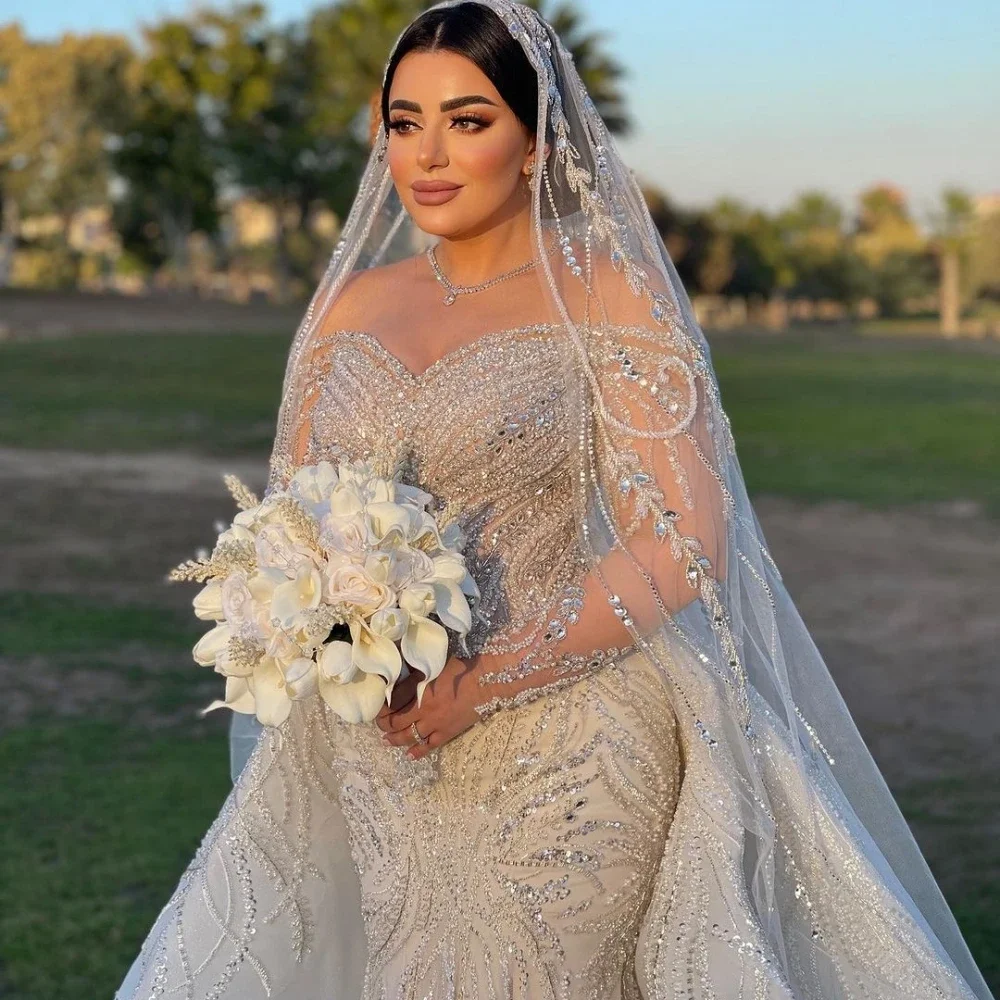 فستان زفاف حورية البحر فاخر برقبة على شكل قلب وأكمام طويلة فساتين زفاف ترتر دانتيل قابلة للانفصال حسب الطلب