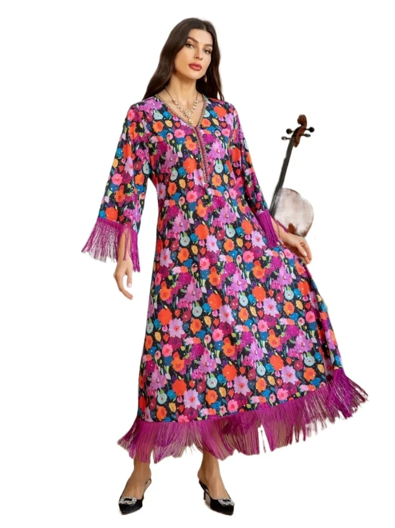 

Dubai Floral Print Stylish Abaya New Tassel Dress Muslim Elegant Women’S Kaftan