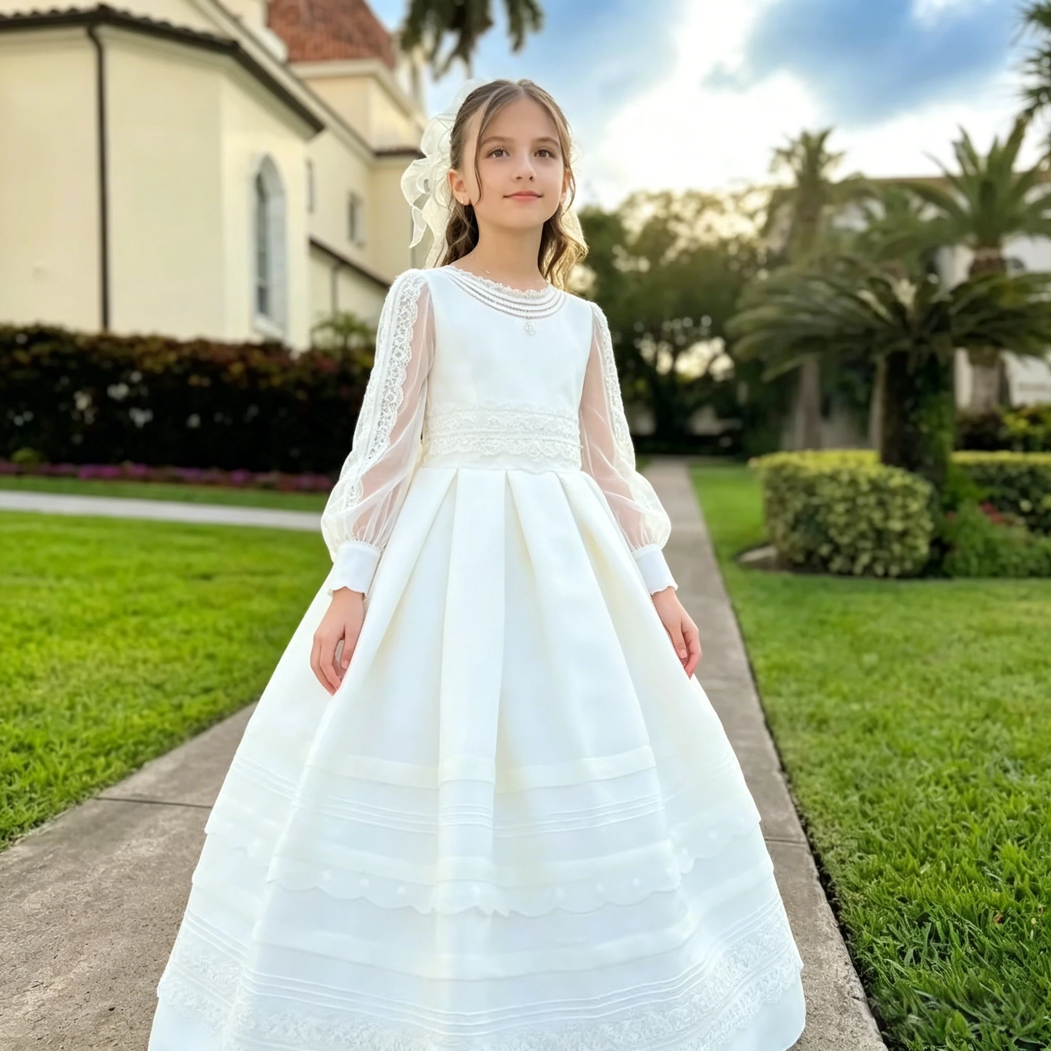Ivory Layered Lace Satin 1st Communion Flower Girl Dress Lace Puff Long Sleeve Skirt Kids Modest Church Formal Princess Gown