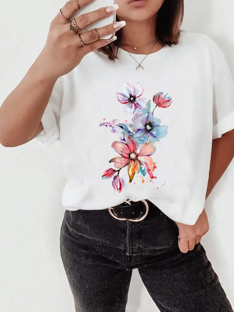 

Футболка женская летняя с коротким рукавом, базовая Модная рубашка с цветочным принтом, акварелью, с графическим принтом 90-х