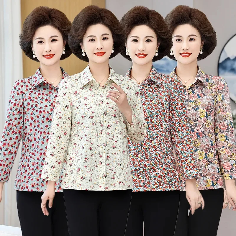 الصيف الإناث الطباعة المرقعة قميص معطف سيدة الموضة قمصان طويلة الأكمام منتصف العمر أمي حجم كبير 5XL سترة بلوزة #1