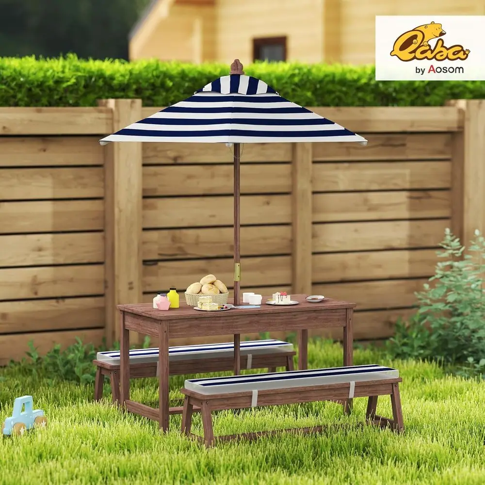 Qaba Kids Picnic Table, Outdoor Wooden Table & Bench Set with Cushions and Umbrella, Children Backyard urniture or Patio, Garden
