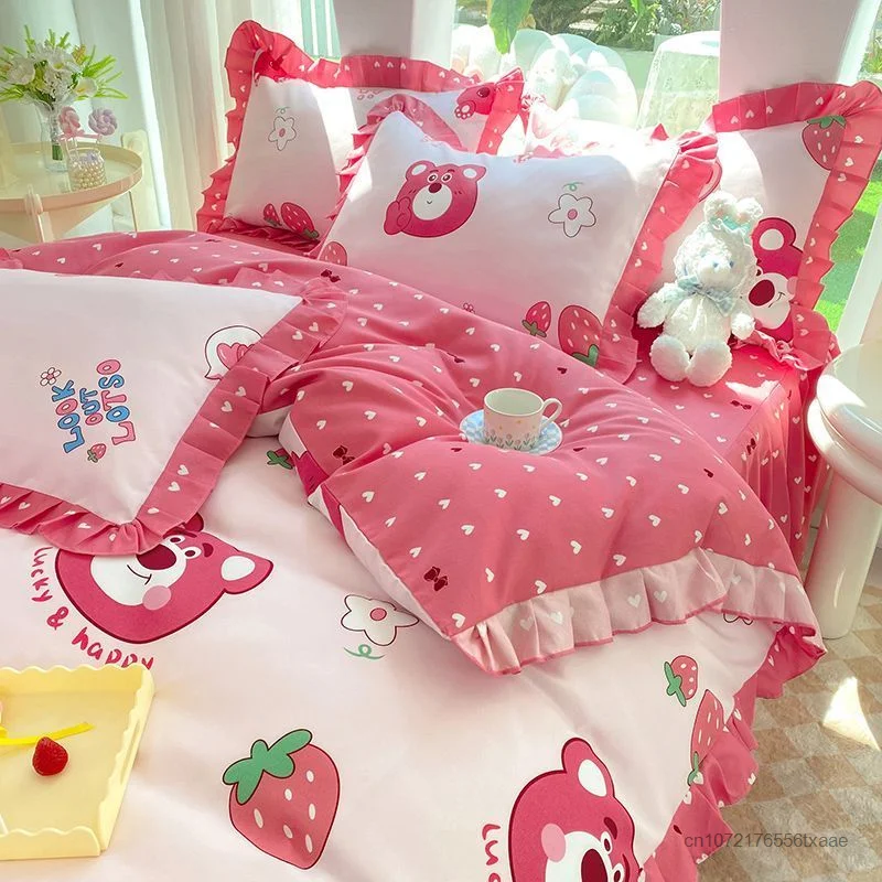 Disney Cartoon Lotso 4 Piece Bed Skirt Set Princess Style Cartoon Bedding Four Seasons Cute Bed Sheet Set Quilt Cover Pillowcase