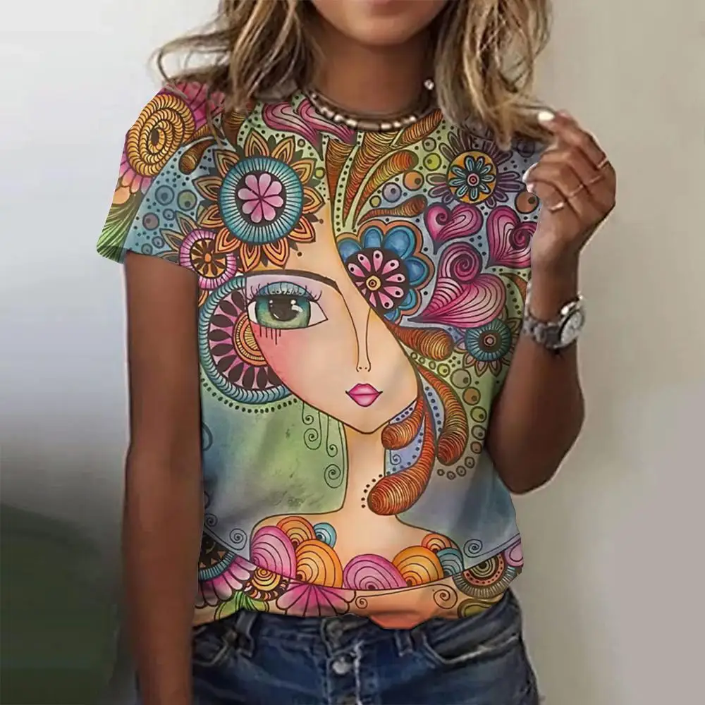 夏のファッショントップ女性 3d 花柄 Tシャツガールズフェイスペインティング原宿カラフルな美しい半袖 Tシャツ特大服