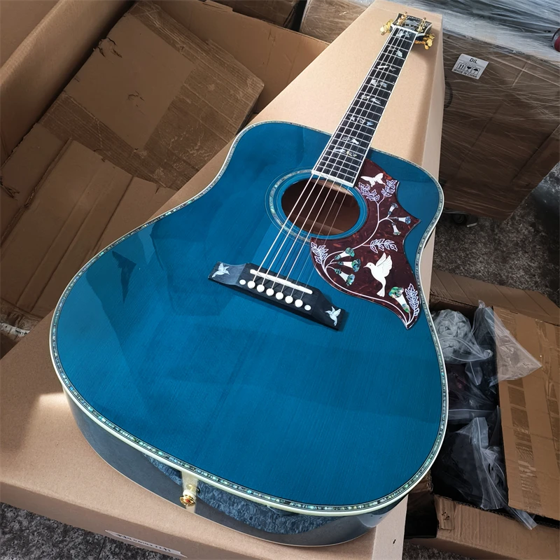 Guitarra acústica deluxe de arce acolchado, color azul, hecha a mano, madera maciza, 41 pulgadas