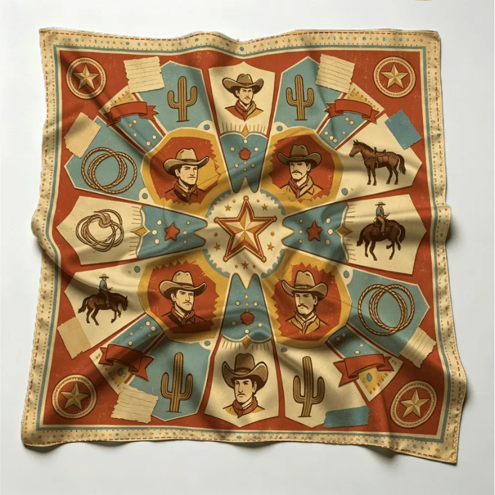 Vintage Western Cowboy Cactus Horse Star Women Border Print Square Scarf, Stylish Multi-use Accessory Gift