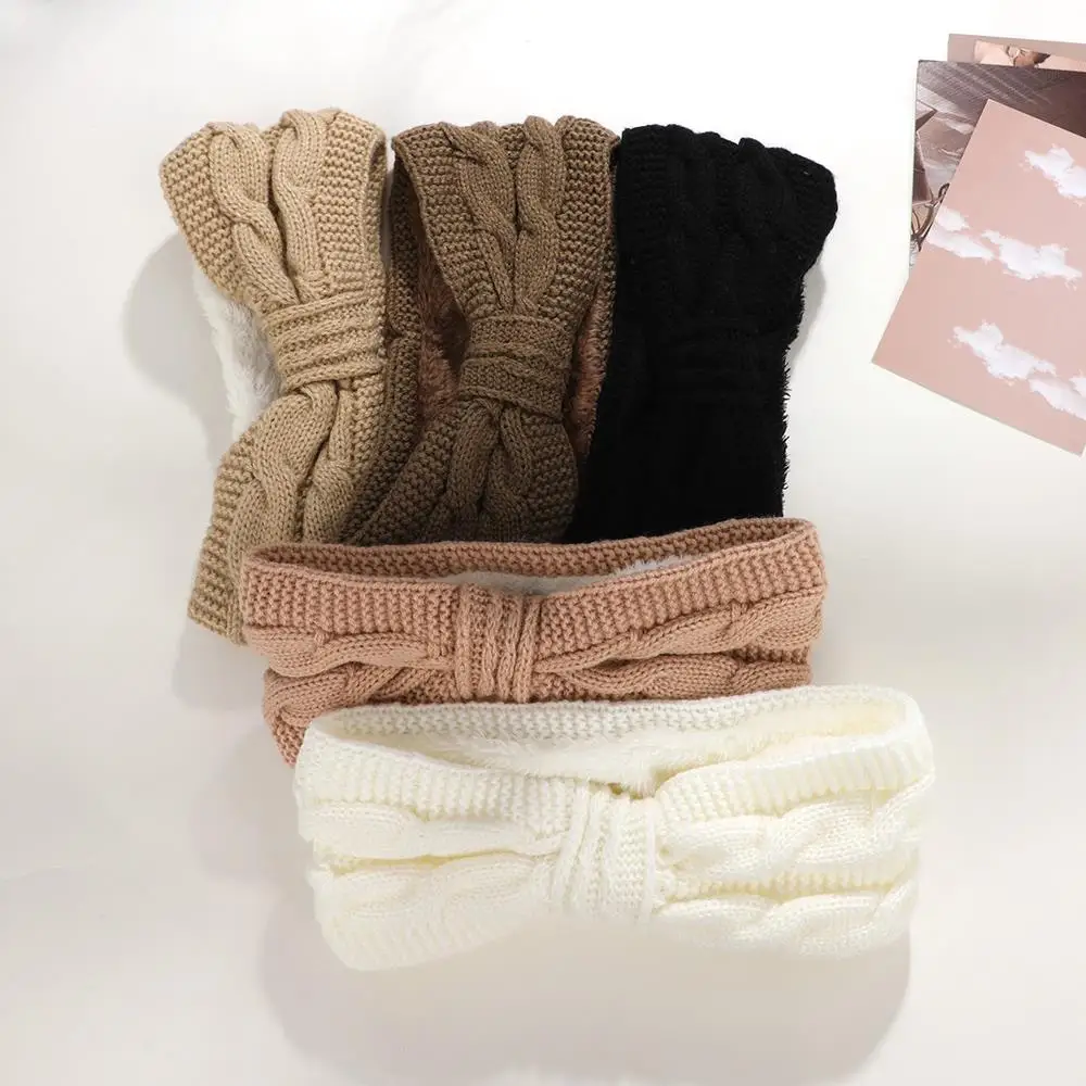 

New Fuzzy Fleece Lined Headbands for Woman Solid Twists Bow Warm Hairband Elastic Sports Yoga Girls Ear Warmer Hair Accessories