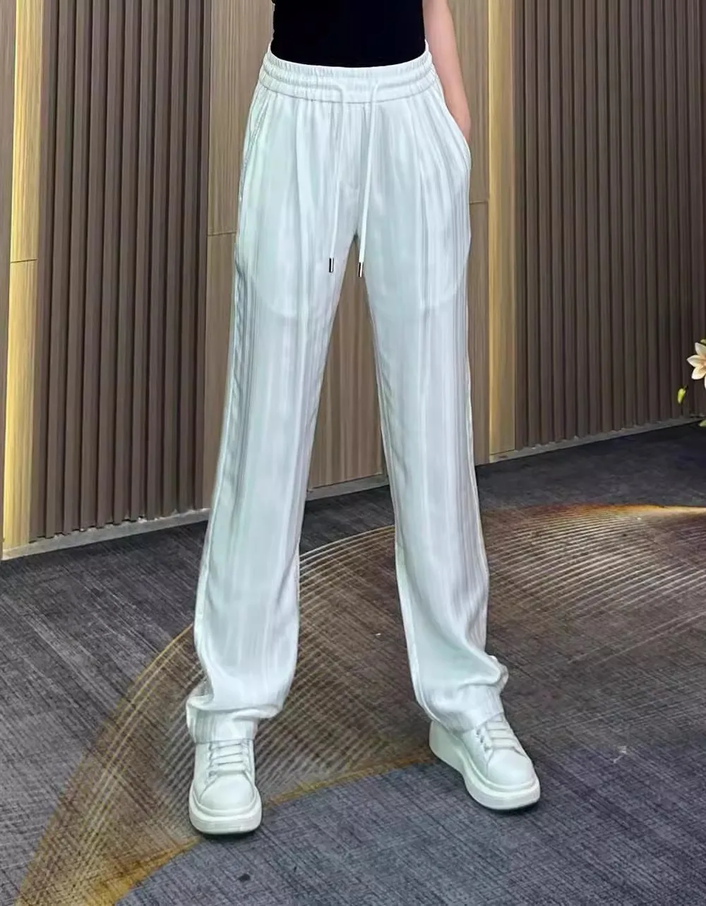 

Летние мужские повседневные брюки из высококачественного ацетатного шелка, широкие, прямого кроя, легкие, тонкие, модные, для отдыха