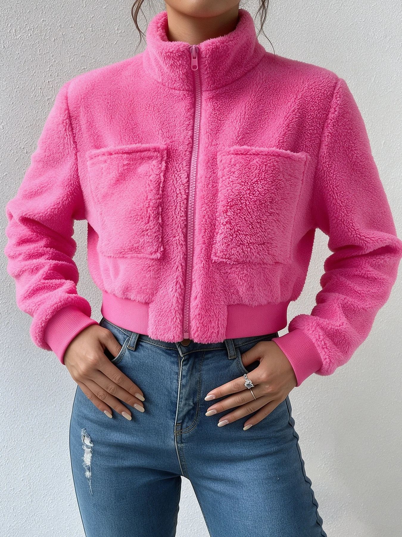 Women Rose Pink Sherpa Cropped Jacket Zip Up Stand Collar Daily Streetwear Winter Outerwear Fuzzy Fluffy Coat With Pockets S‑XXL