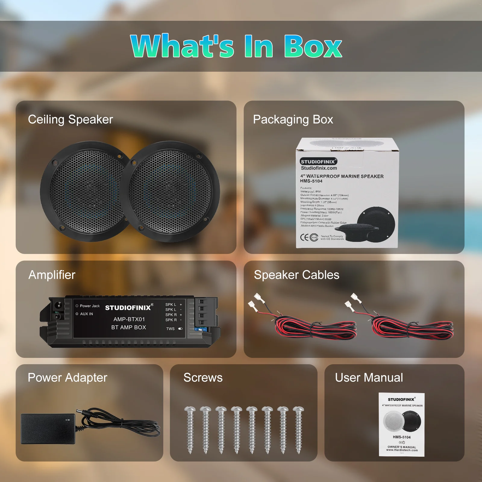 STUDIOFINIX 2 قطعة مكبرات صوت بخاصية البلوتوث مقاس 4 بوصات مقاومة للماء - مجموعة سماعات بحرية بقدرة 160 وات للحمام والمطبخ والمنزل والتخييم في الهواء الطلق