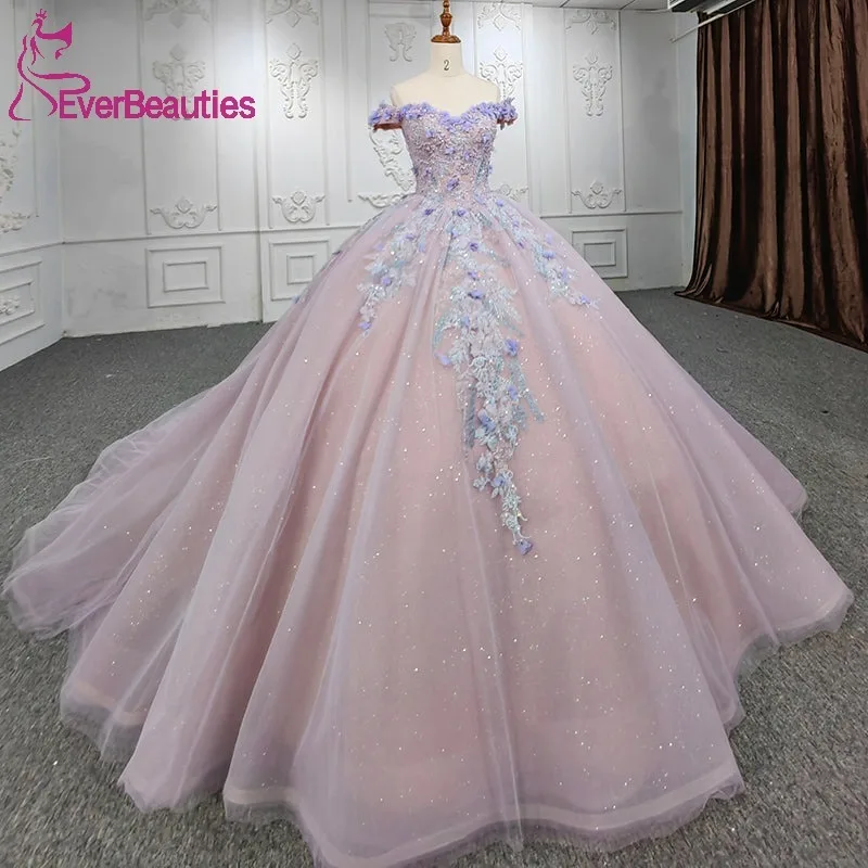 Quinceanera Dress for Juniors Tulle Lace Appliques Off Shoulder Vestidos De 15 Quinceañera Lilac Ball Gown Prom Party Dress