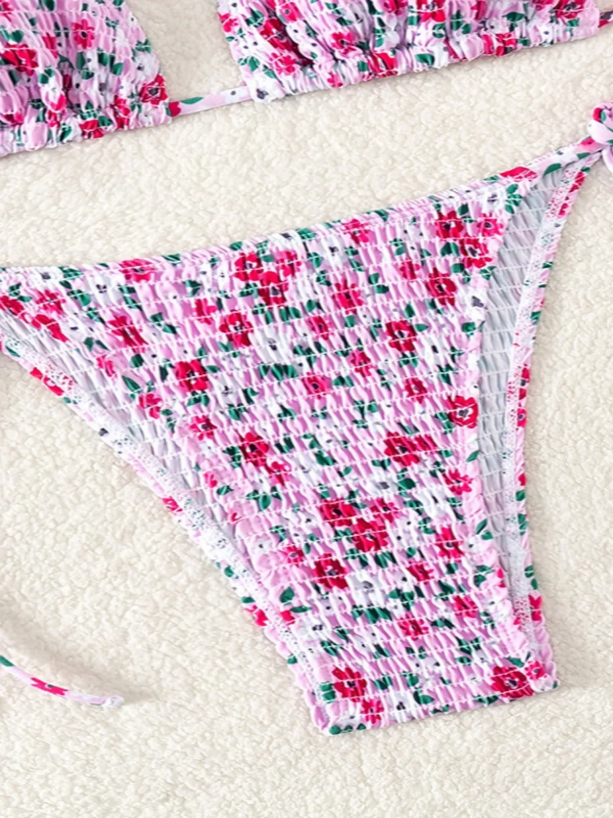 Flower Print 2-piece Swimsuit for Women Triangle Bra Suspender Backless Bikini Set Low Waist Thong Beach Vacation Swimwear 2024