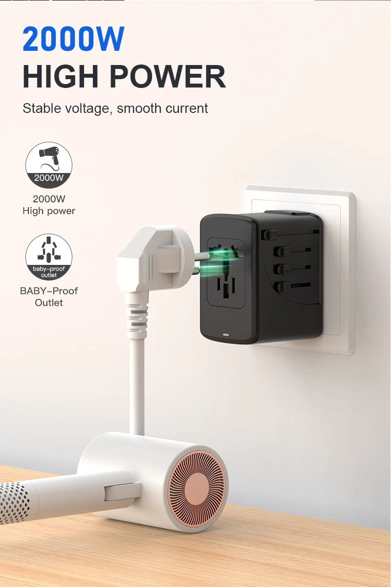 Universal Travel Adapter with 2 USB-A, 3 USB-C Ports – All-in-One International Power Charger for EU/US/UK/AU, 5.8A Total Output