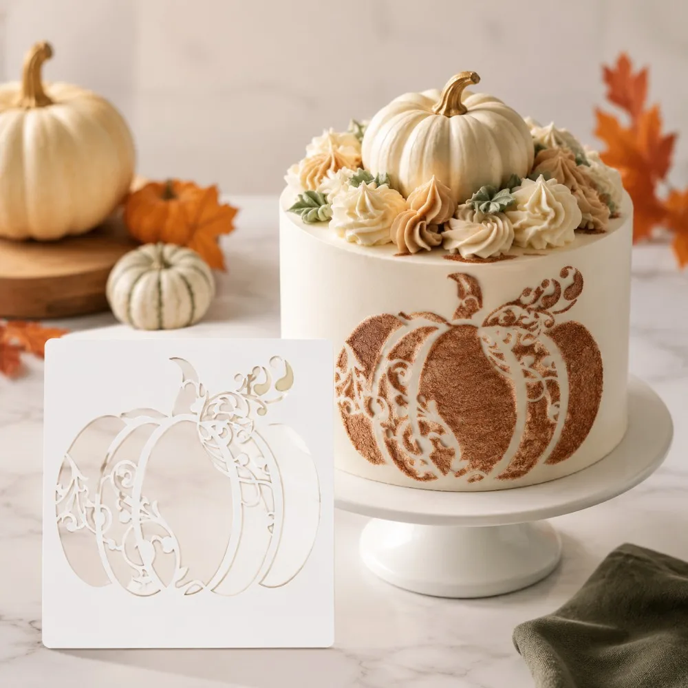 Rural Floral Pumpkin PET Stencil, Reusable Hollow‑Cut Template for Cake, Cookie and Fondant Decor