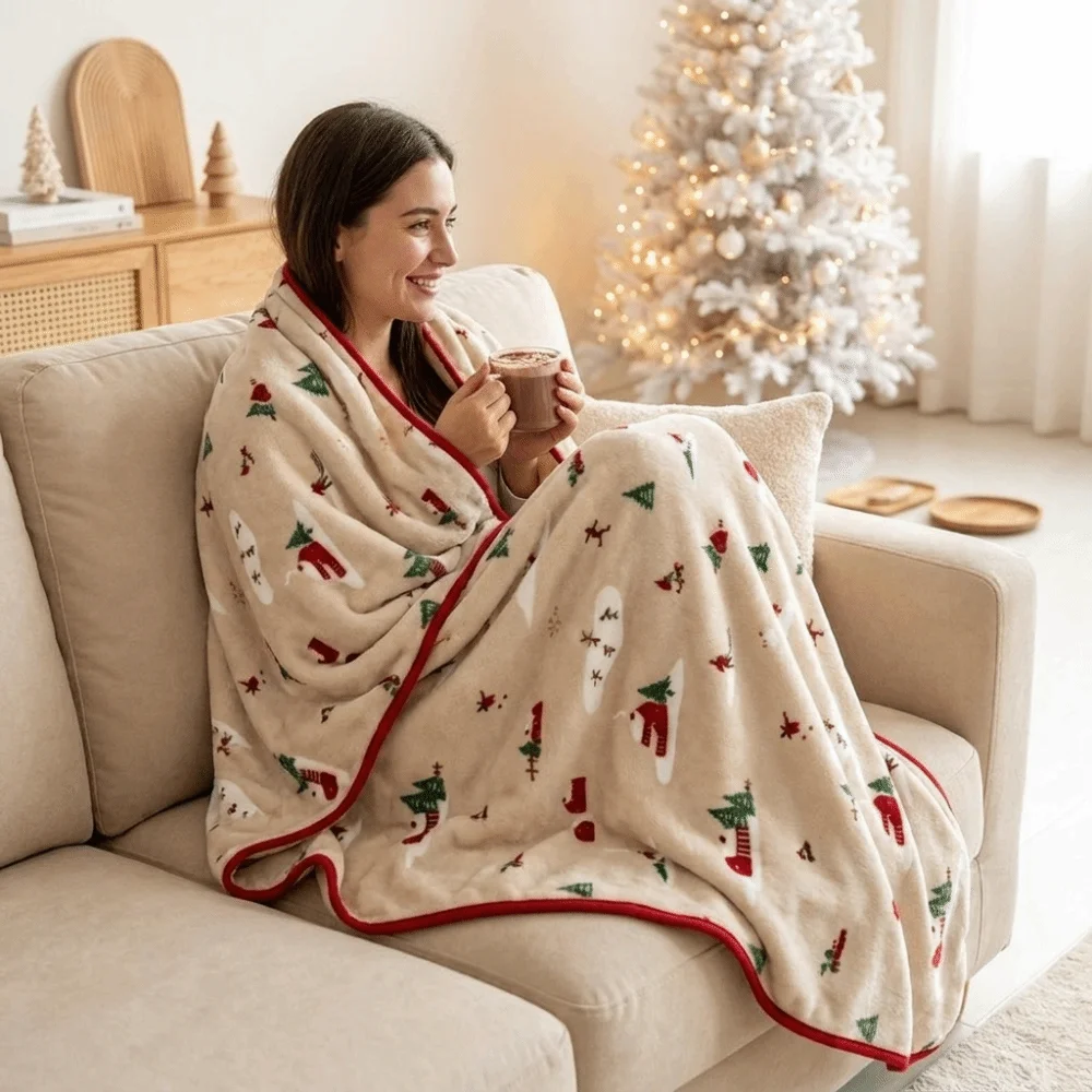 Gift Soft Christmas Blanket Christmas Tree Print Thickened Flannel Blanket Cozy Skin-friendly Nap Blanket Travel