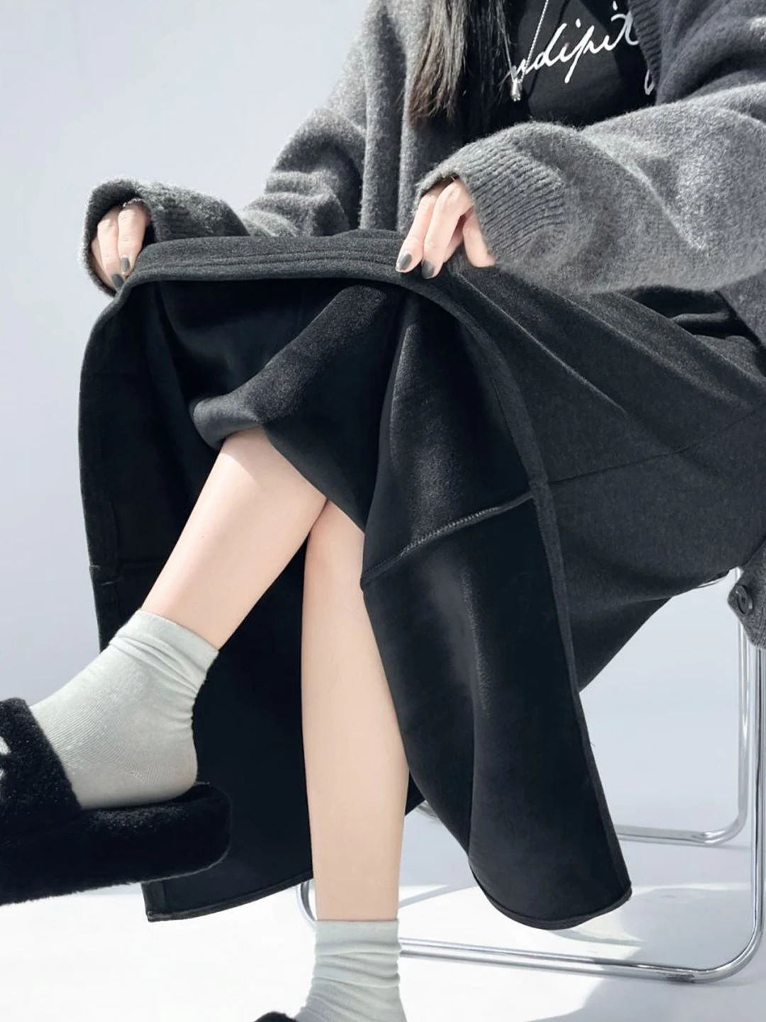 

Женская шерстяная юбка с высокой талией на флисовой подкладке, осенне-зимняя модная юбка-трапеция в корейском стиле, теплая, для повседневной носки