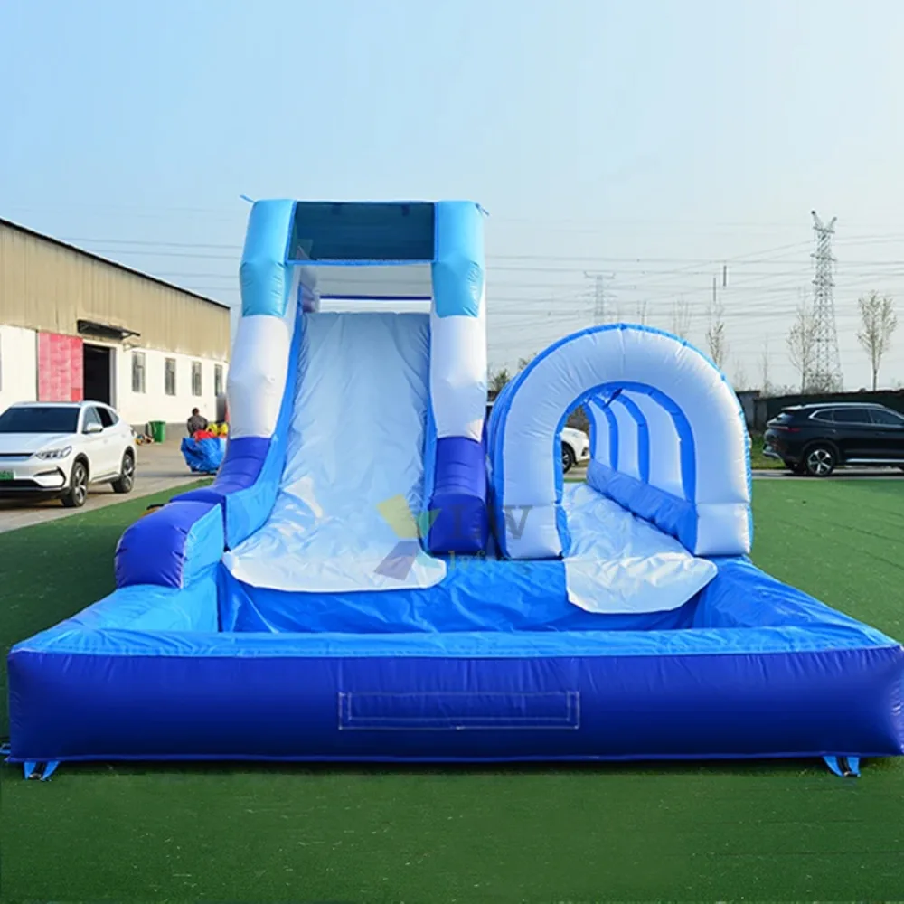 Summer Slide Entertainment Park Factory Blue Inflatable Water Slide With Pool