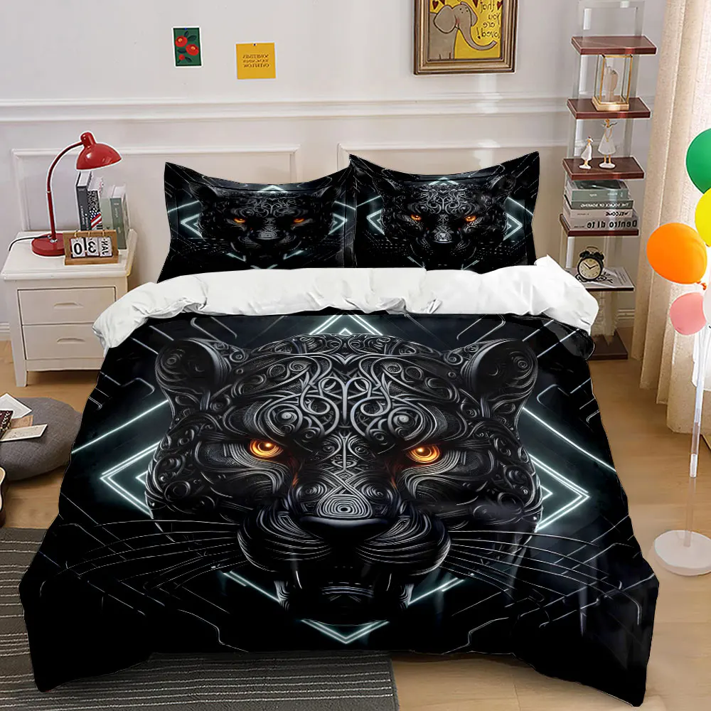 

Black artistic panther head fiery eyes Pattern Duvet Cover Set Digital Print Colorful Polyester Bedding with Zipper Closur