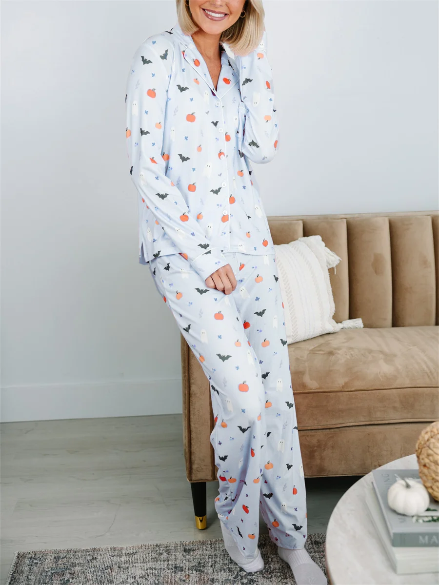 Halloween Pajamas Women Ghosts And Pumpkins Print Sleepwear Long Sleeve 2 Pieces Aesthetic Preppy Pajama Sets Loungewear