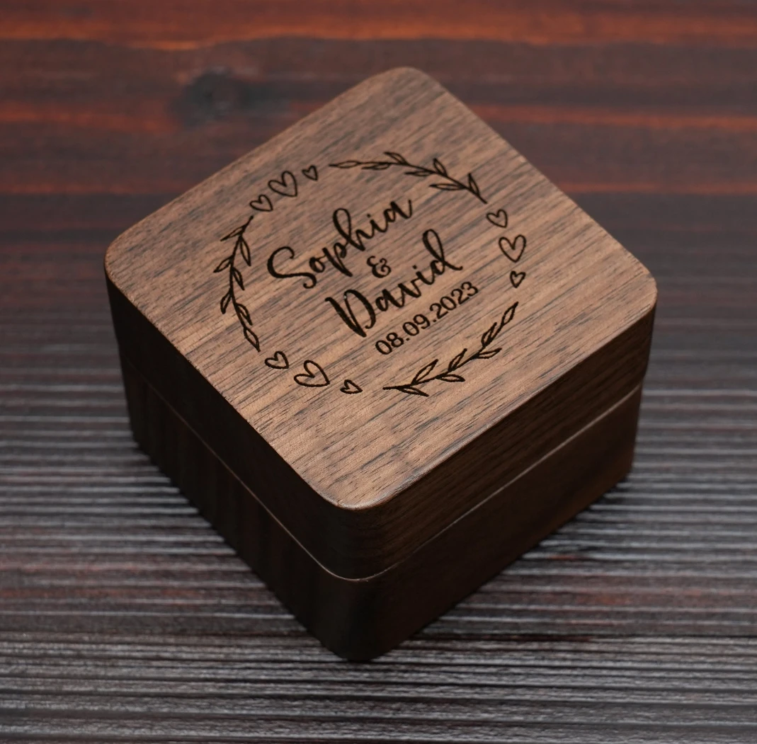 Scatola porta anelli in legno con incisione a doppio anello quadrato 1pc per cerimonia nuziale, scatola per anelli personalizzata in legno, regalo