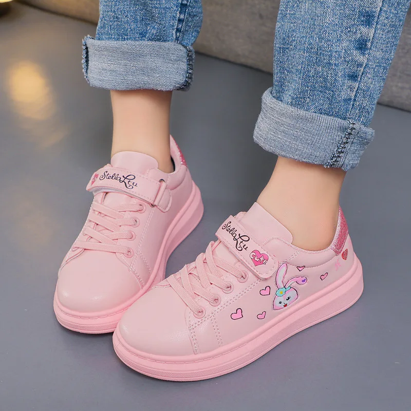 Disney Girls' Casual Shoes White Cartoon StellaLou Fashion Shoes PU Leather Children's Pink Shoes Sneakers Size 25-36