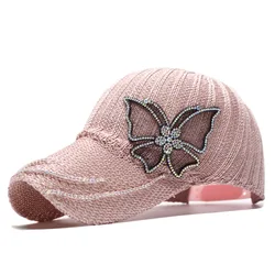 Summer New Women's All-Match Rhinestone Lace Butterfly Baseball Hollow Knitted Mesh Cap Thin Breathable Peaked Cat Hat