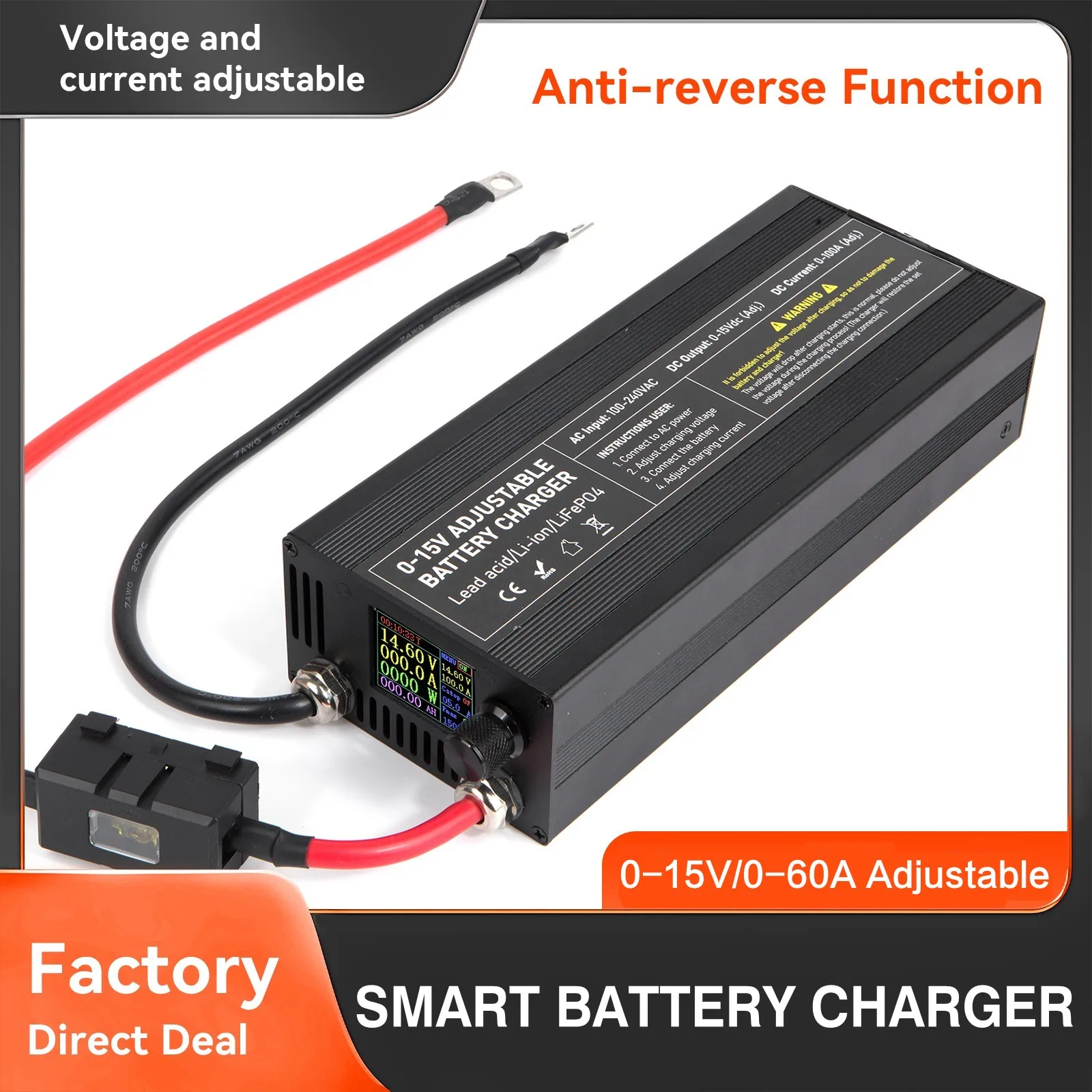 Tragbares 12V100A Lifepo4-Batterieladegerät 40A 50A Lithium-Batterieladegerät 60A 85A mit einstellbarer Spannung und Strom Anderson