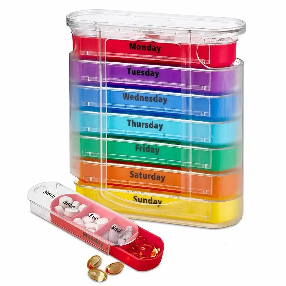 7 Days Pill Dispenser Box Portable Colorful Sealed Pill Case Large Capacity 28 Grids Medicine Storage Containers Survival Kit