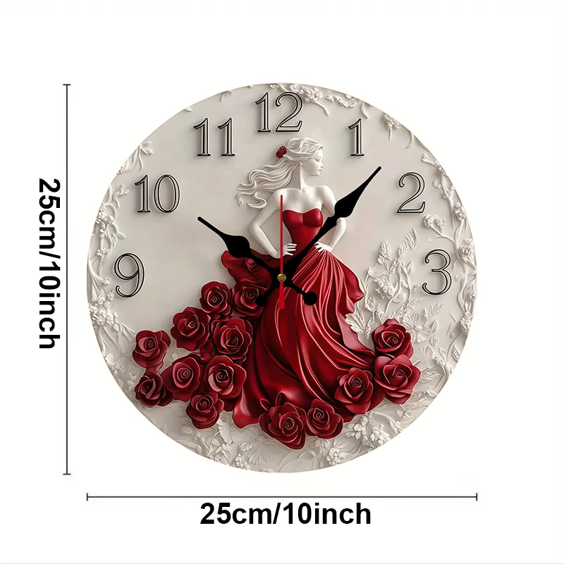 Woman And Red Roses Wooden Round Silent Hanging Wall Clock, Suitable For Living Room,Office, Study Room,Bedroom, Home Decoration