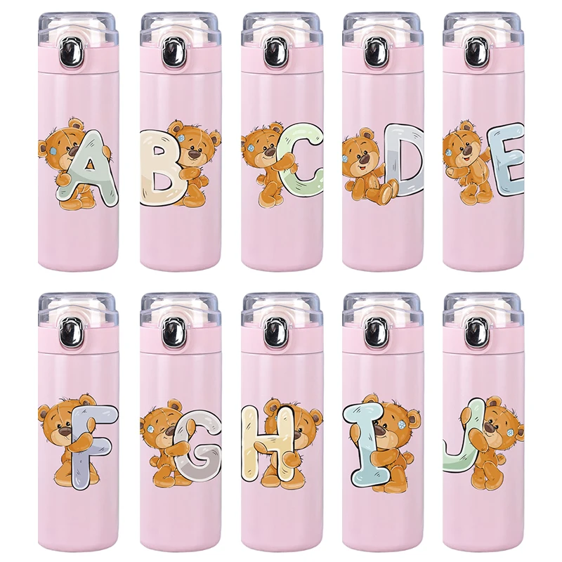 

400 мл мультяшный буквенный принт, милый прыгающий чехол из нержавеющей стали A-Z, термопортативная вакуумная изолированная чашка для кофе, молока, розовый цвет