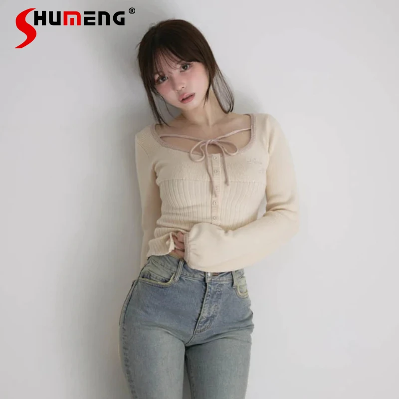 

2025 Women's Knitted Sweater Autumn Winter October New Product Square Neck Slim Fit Long Sleeve Top Bowknot Pullover Sweaters