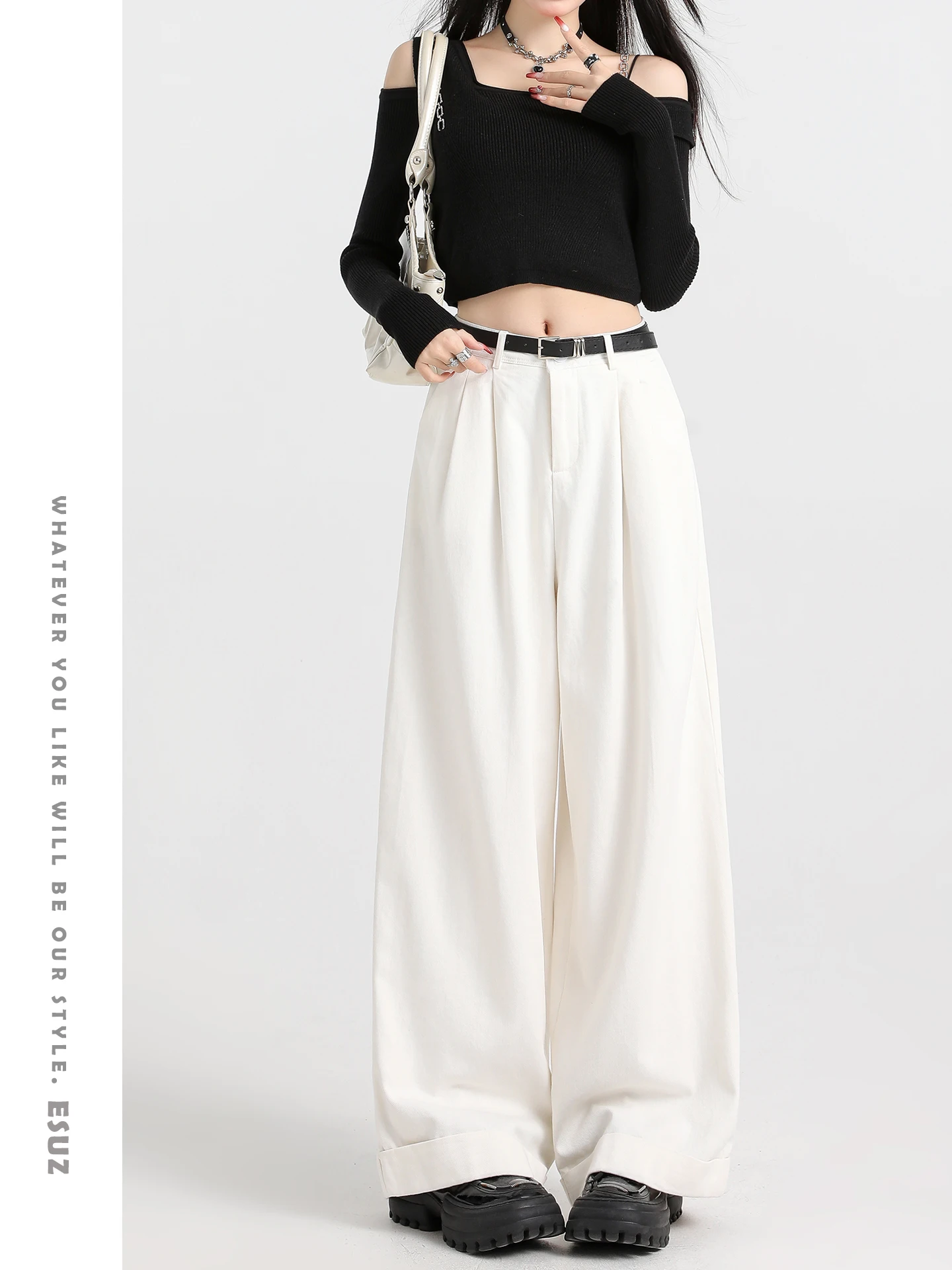 

Offcat High Waist Wide Leg Casual Pants Women's Loose Fit Autumn Winter New Style Folded Relaxing Loose Versatile Denim Jeans