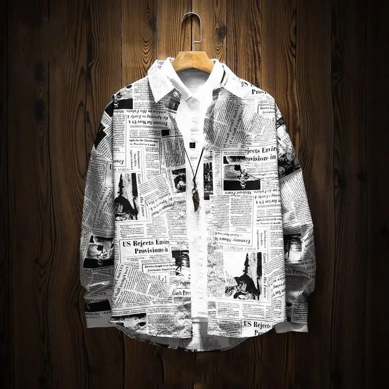 New Fashion Arrival Casual Business Plaid Shirts Men Dress Vintage Newspaper Printed Long Sleeve Mens Floral Shirts Trend