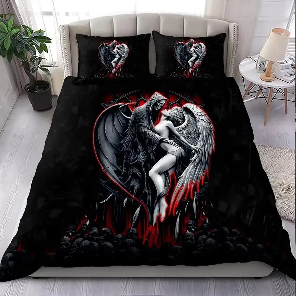 

Skull and Beauty Duvet Cover Set Full Size Gothic Sugar Skull Angels and Demons Bedding Set with Pillowcase Twin Double Bed Sets