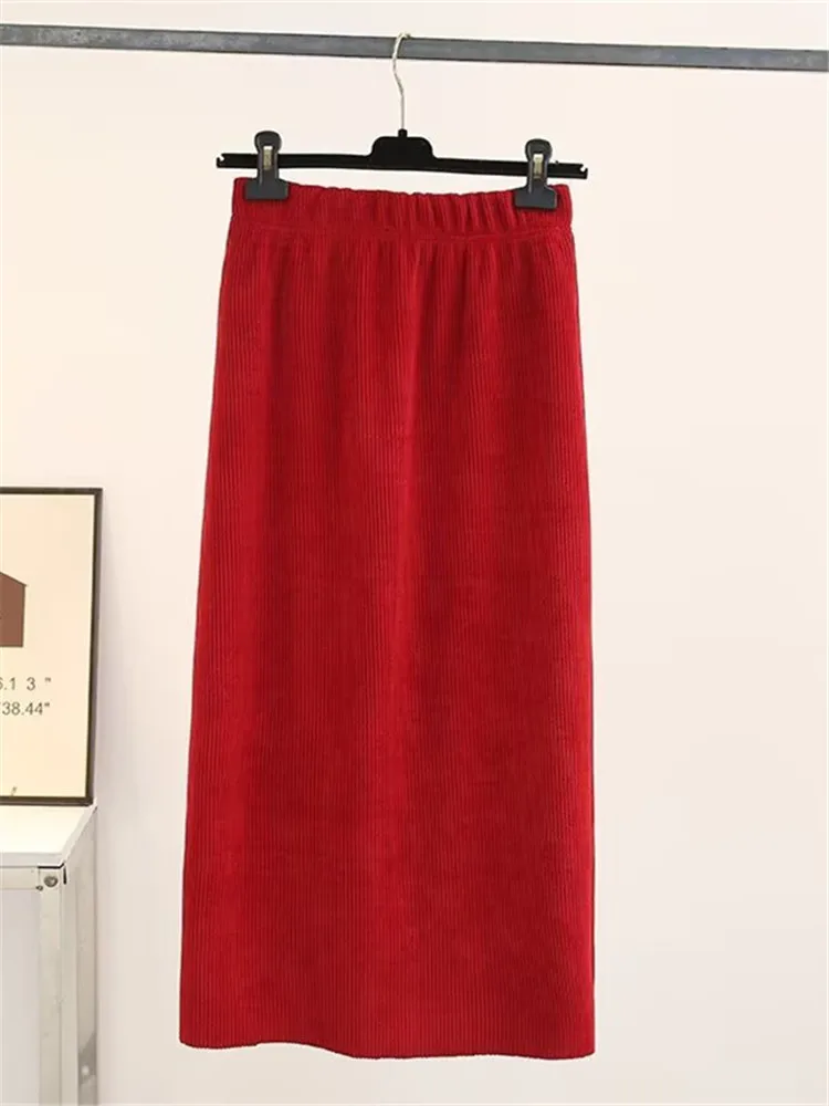 Plus Size Women's Straight Skirt Elasticated Waist And Calf-Length Skirt High Quality Corduroy Fabric Spring Skirt With Open Hem