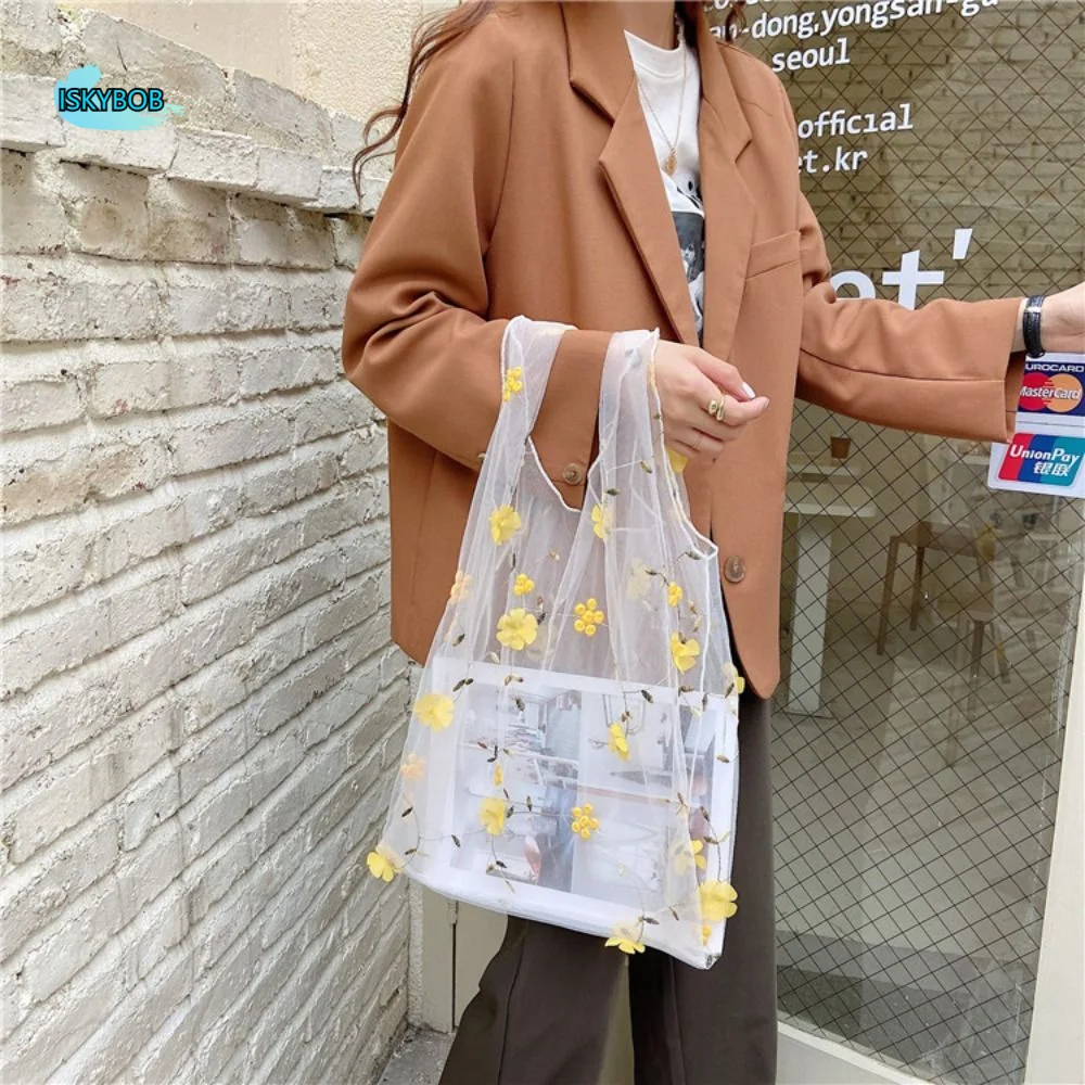 

Casual Large Capacity Transparent Handbag Flower Mesh Embroidery Bag Cloth Storage Bag Shopping Bag Women