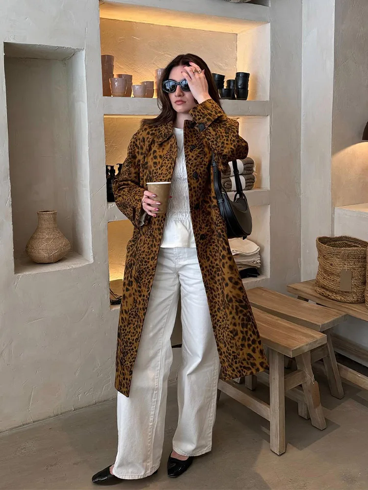 

TRAFZA Women Vintage Leopard Print Lapel Jacket Coat Fashion Woman Long Sleeve Hidden Buckle Pocket Loose Slim Overcoat TRAF