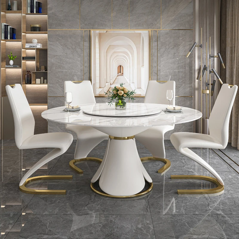 ※a Modern Dining Room Furniture Metal Legs Marble Top Dining Tables Designs Luxury Round Expandable Dining Table Set 6 Chairs