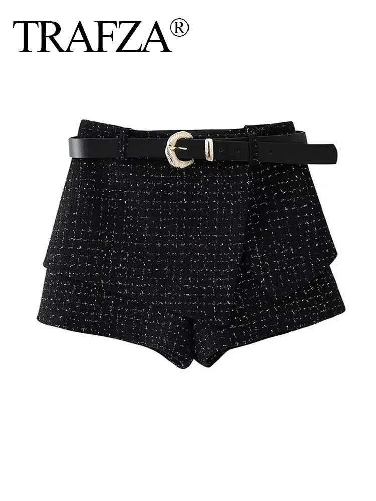 TRAFZA Summer Shorts Woman Trendy Black Plaid High Waist Belt Decoration Culottes Female High Street Asymmetrical Short Pants