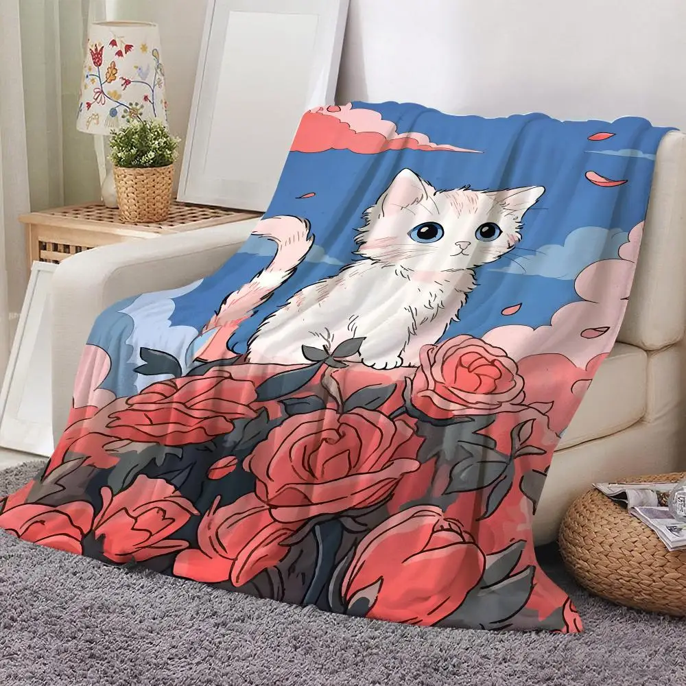 Niedliche Katzenmotive auf Blumen – Weiche Flanell-Kuscheldecke, leichte, kühlende Sommer-Klimaanlagen-Decke für Sofa, Bett, Couch, Reisen
