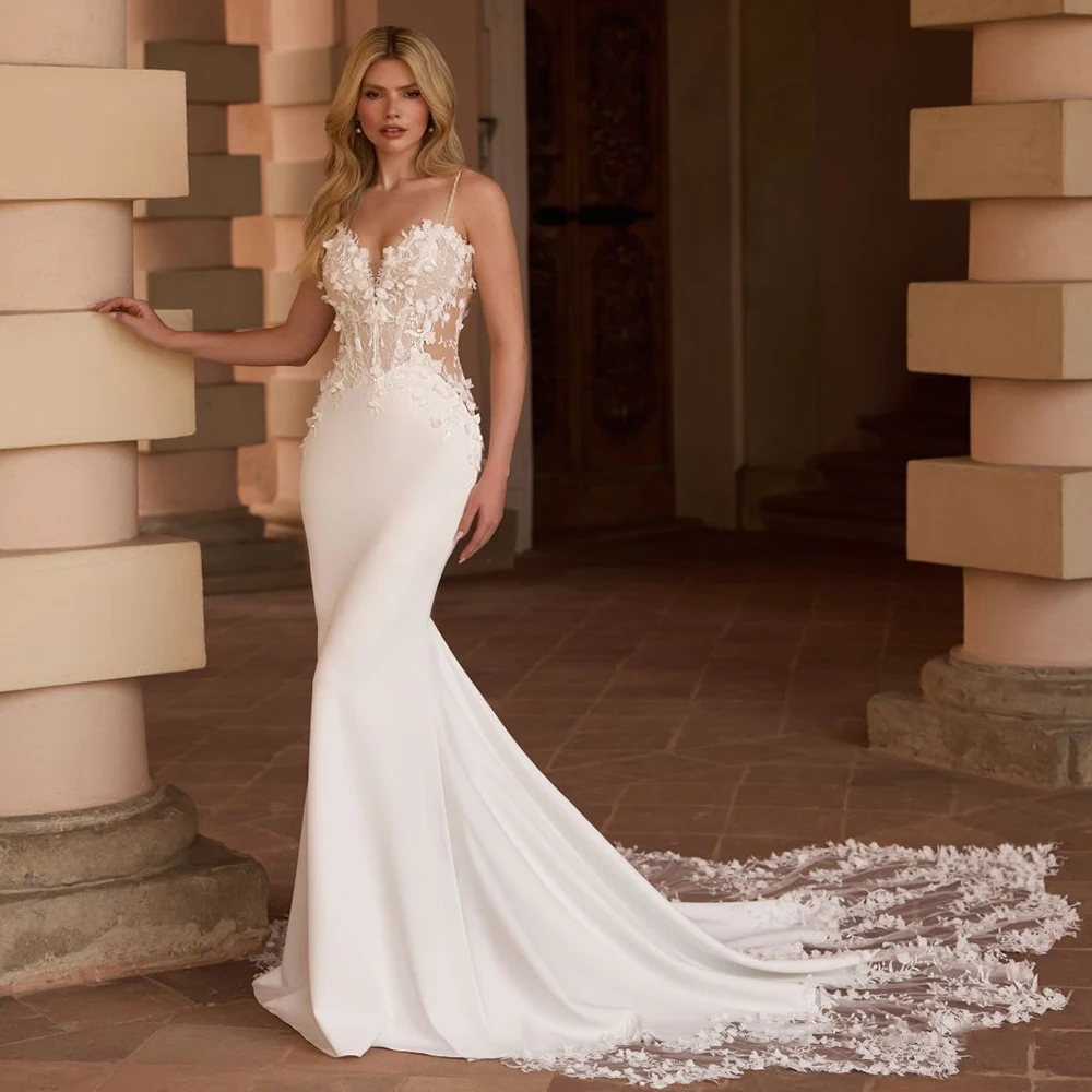 

Amazing Appliques Court Train Mermaid Wedding Dress Sweetheart Spaghetti Straps Jersey Sleeveless Bridal Gowns Customized