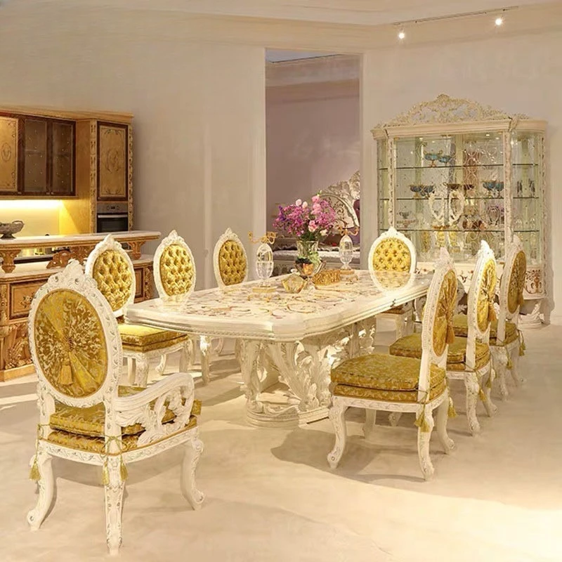 Wood carving hand-painted flower oval dining table villa living room dining table and chair combination furniture