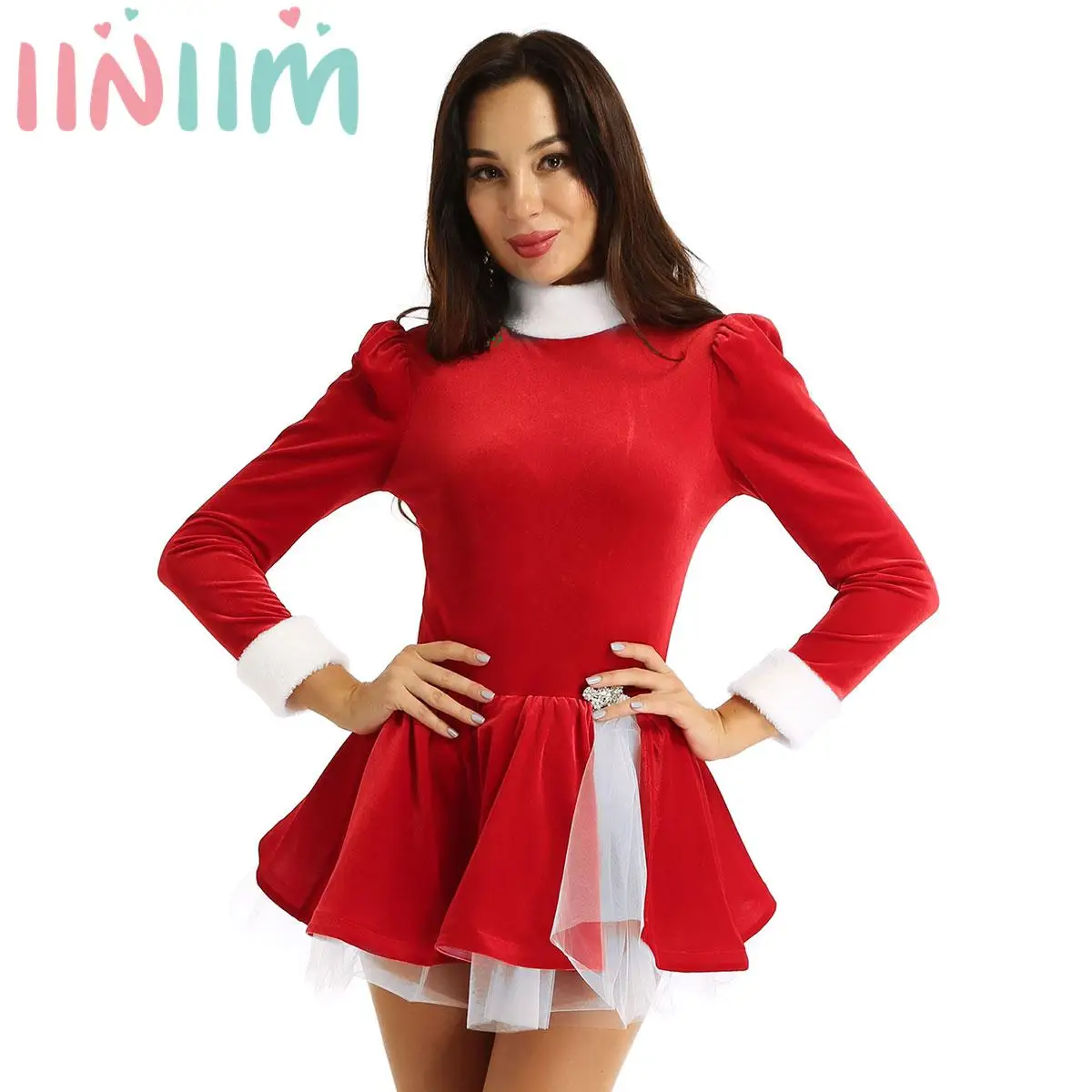 Women Christmas Dance Costume High Neck Long Sleeves Floral Rhinestone Skirt Split in Multiple Layer Mini Skirt Jumpsuit