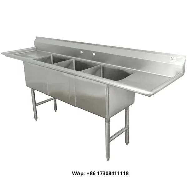 Three Compartment Stainless Steel Commercial Sink with Two Side Drainboards