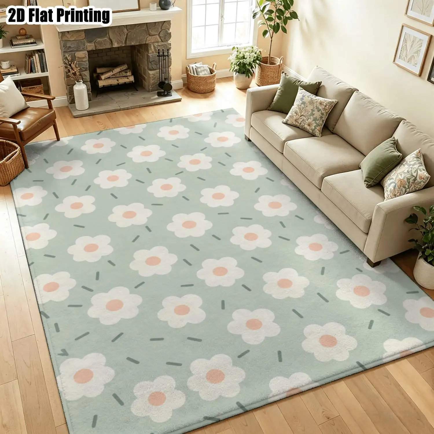 1Pc 2D Printed Carpet: Light Green Base, Cream-White Flower Pattern Instagram-Style Modern Simple Home Decor Rug, Multi-Size, Machine Washable, for Entryway, Dining, Bedroom, Study, Living Room.
