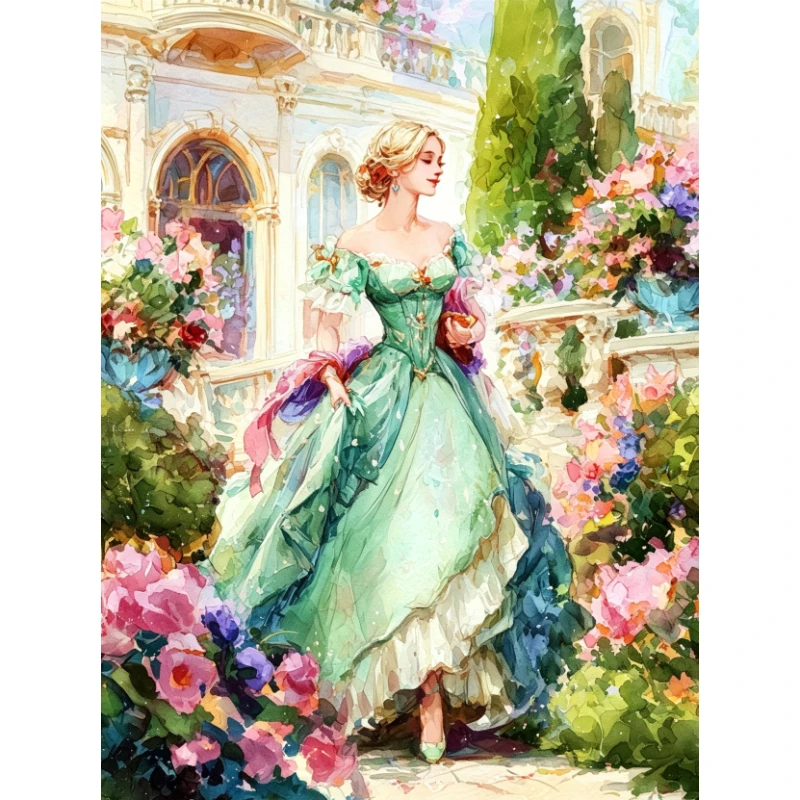 DIY 5D Diamond Painting, Noble Lady in Green Gown Romantic Garden Castle Watercolor Art for Home Wall Decor, Ideal Gift