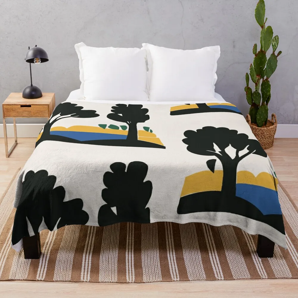 

Patterns No. 306. Mid Century. Vintage Retro. Landscape. Trees. Botanical. Modern Abstract. Blue. Yellow. Black . Throw Blanket