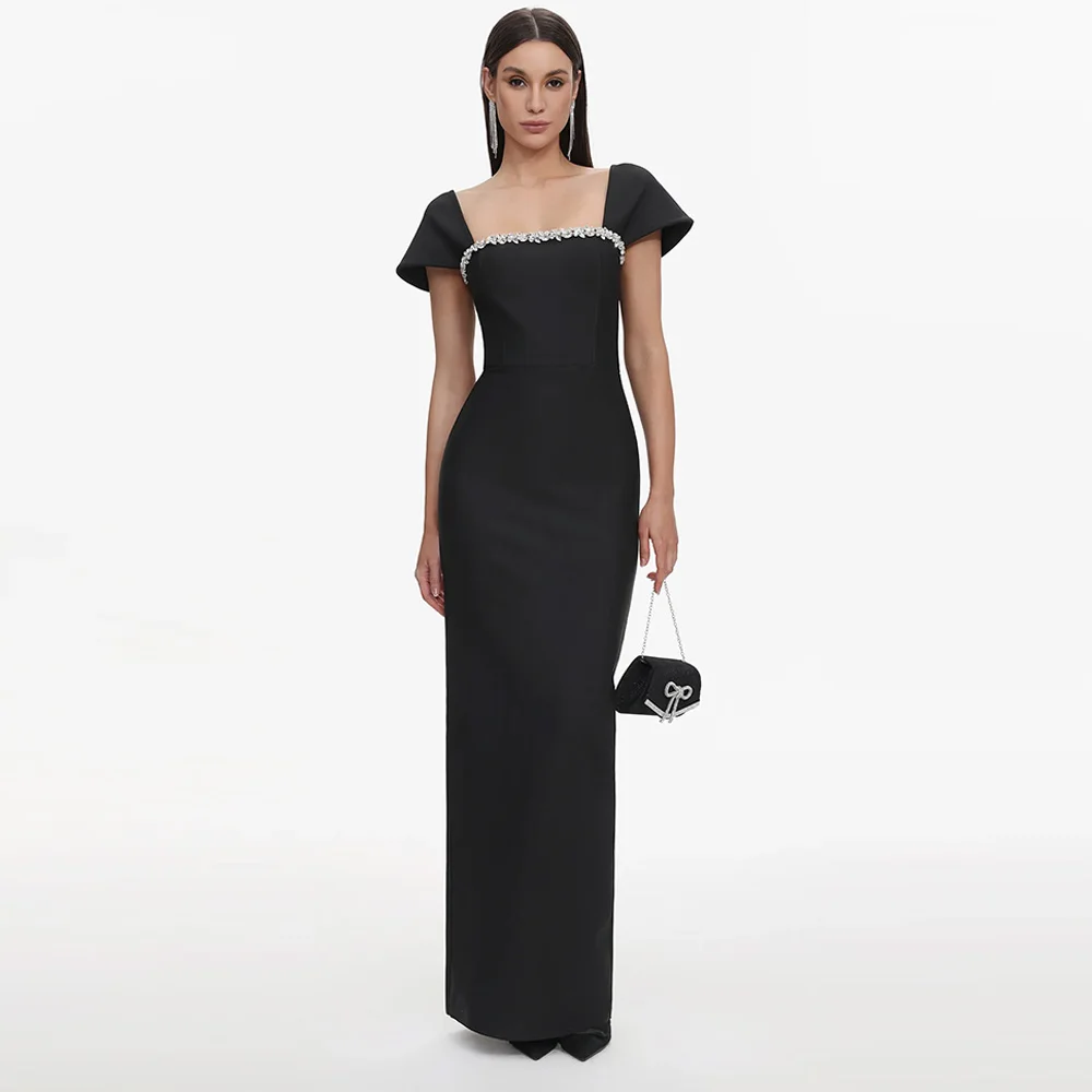 

Black Square Collar Evening Dress Customized Fashion Short Sleeves Celebrity Gowns Delicate Crystal Bespoke Occasion Gowns